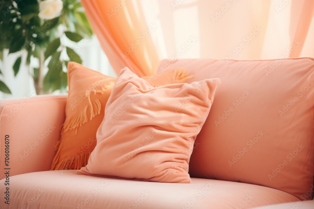 Poster pillow in trendy color peach fuzz. background with selective focus and copy space