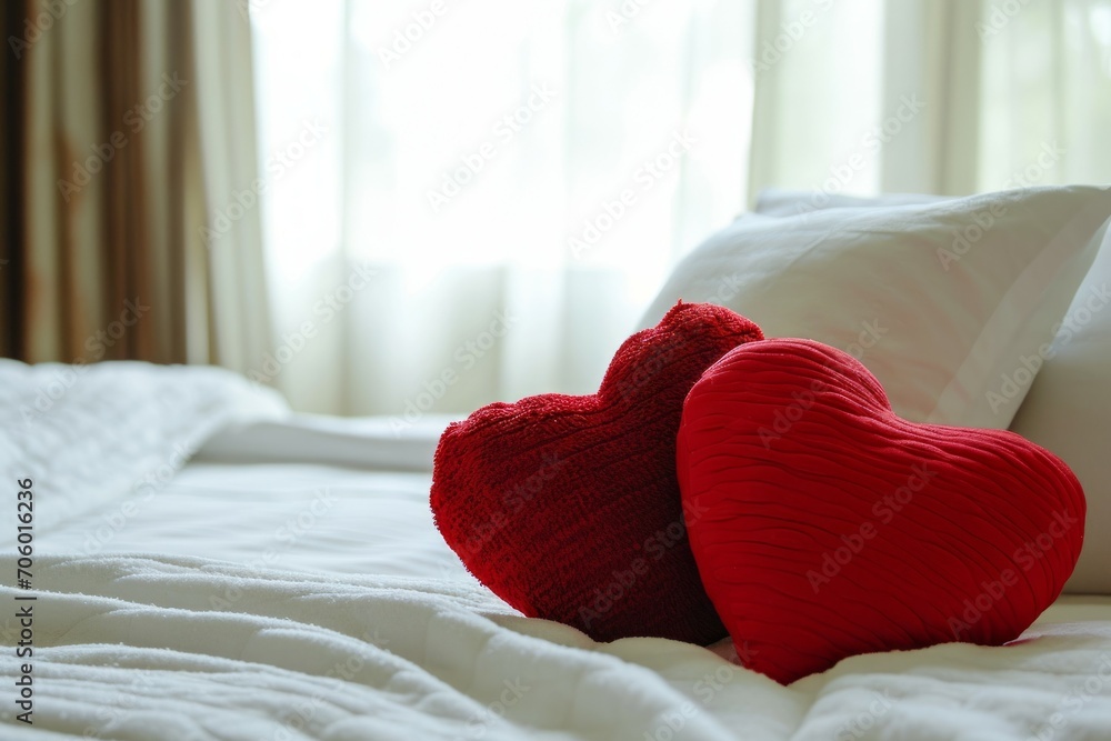 Poster heart shaped pillows. background with selective focus and copy space