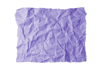 Purple crumpled rectangle sheet of paper with torn edge isolated on white, transparent background, PNG. Recycled craft paper wrinkled, creased texture, grunge border. Template, mockup, copy space