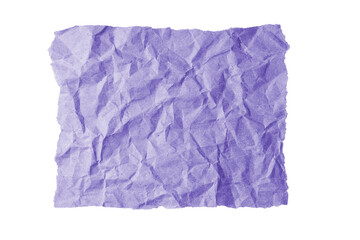 Purple crumpled rectangle sheet of paper with torn edge isolated on white, transparent background,...