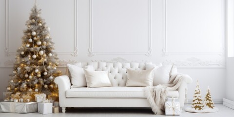 White sofa and trendy Christmas decor in living room.