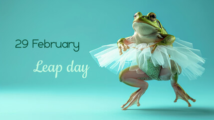 Green frog on the pastel background. 29 february leap year day concept