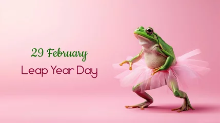 Poster Green frog on the pastel background. 29 february leap year day concept © netrun78