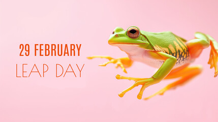 Green frog on the pastel background. 29 february leap year day concept