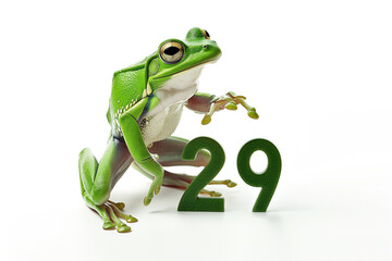 Green Frog with 29 numbers. 29 february leap year day idea - obrazy, fototapety, plakaty