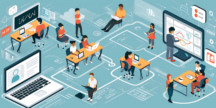 Um ambiente de sala de aula moderna com estudantes usando dispositivos digitais, participando de plataformas de aprendizado online e colaborando virtualmente.