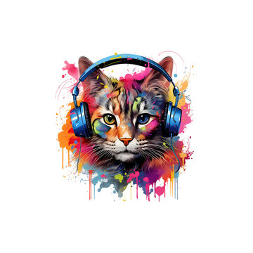 T-shirt Design, Colorful Cat With Headphones On Graffiti Art. Transparent Background.