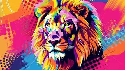 creative colorful lion king head on pop art style with soft mane and color background