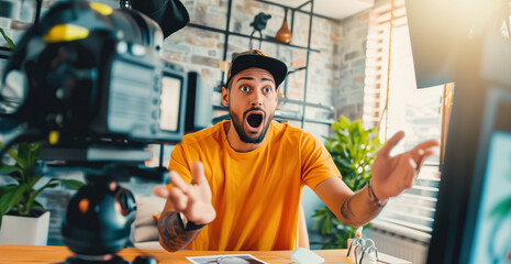 Surprised positive young male blogger gestures with his hands as he creates video content for online vlog. Man podcasting  at home - obrazy, fototapety, plakaty