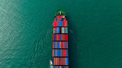 global business transportation, cargo logistic container ship sailing in sea  import export goods and distributing products to dealer and consumers worldwide, top view
