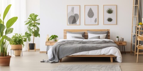Grey-themed bedroom with plants, posters, and a patterned blanket on a wooden bed. Real image.