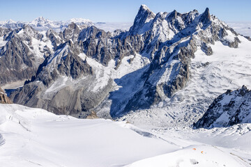 Paragliders on glacier, Mont Blanc Massif, French Alps, France