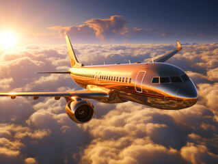 Fototapeta na wymiar Golden airplane flies in blue sky with dramatic clouds. Concept of passenger airline companies, travel, plane transportation, freedom of travelling
