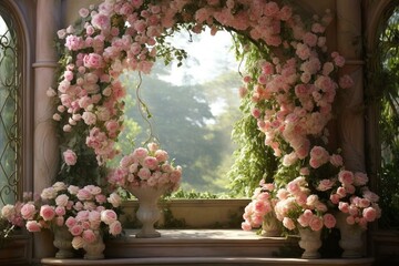 Stunning lifelike roses with captivating garden backdrop. Generative AI