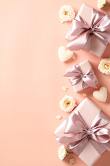 Gift boxes with pink ribbon bow, rose buds, heart shaped candles on peach background. Happy Valentines day vertical banner design. Love, romance concept. Flat lay, top view.