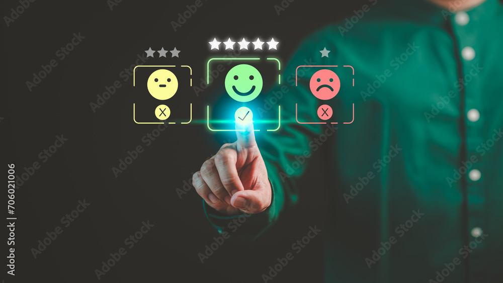 Aufkleber Customer hand touching the virtual screen on happy smile face icon to give satisfaction in service. Concept of assessment testimonial customer service and feedback, Opinion rating very impressed.