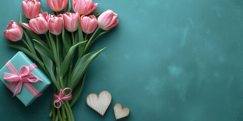 A bouquet of pink tulips and a gift box with copy-space, place for text. - obrazy, fototapety, plakaty