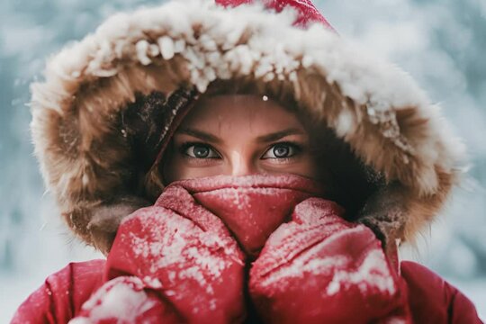 Cold wave : Winter portrait of a beautiful girl in a red coat and a red hat in the snow
