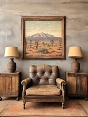 Rustic Decor: Vintage Desert Landscape Painting with Country Field Elements