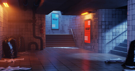 Underground space with advertising signs. 3D render.