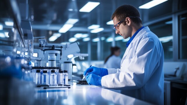 scientist with chemical formulas developing substances for human health