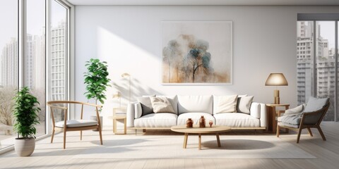 Contemporary apartment with white walls featuring a cozy seating area by a large window, including a sofa, coffee table, and lamp.