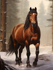 Braunes Pferd mit weißer Blesse im Wald Winterwald malerisch - obrazy, fototapety, plakaty