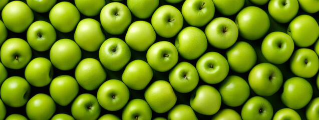 Fresh green apples, arranged in rows, closeup top down macro detail. Generative AI