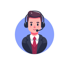 Сallcenter Employee. Flat Design Vector Illustration of Isolated Call Center Employee in Circular Frame on White Background