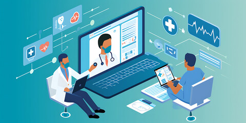 Uma imagem tranquilizadora apresentando um paciente tendo uma consulta médica virtual com um profissional de saúde por meio de um dispositivo digital. - obrazy, fototapety, plakaty