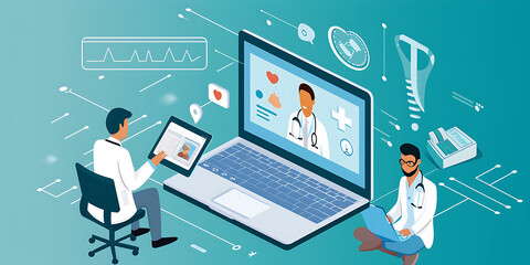 Uma imagem tranquilizadora apresentando um paciente tendo uma consulta médica virtual com um profissional de saúde por meio de um dispositivo digital. - obrazy, fototapety, plakaty
