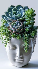 A white ceramic head planter with succulents in it.