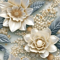3d wedding flowers patterns with glistening pearls, gold glitters