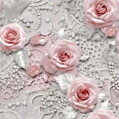colourful 3d seamless wedding roses and glistening pearls and lace patterns, pale pink, wihte and silver colors