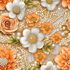 colourful 3d seamless wedding flowers and glistening pearls and lace patterns, light orange, wihte...