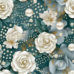 colourful 3d seamless wedding roses and glistening pearls patterns, teal, grey, wihte and gold colors