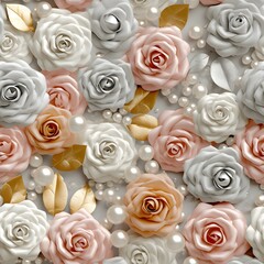 colourful 3d seamless wedding roses and glistening pearls patterns, blush, silver, wihte and gold colors