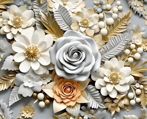 colourful 3d seamless flowers with wedding roses and pearls patterns, light grey and gold colors