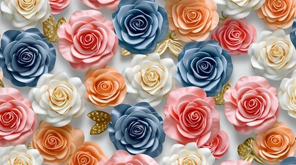 colourful 3d seamless flowers with wedding roses and pearls patterns on a white background