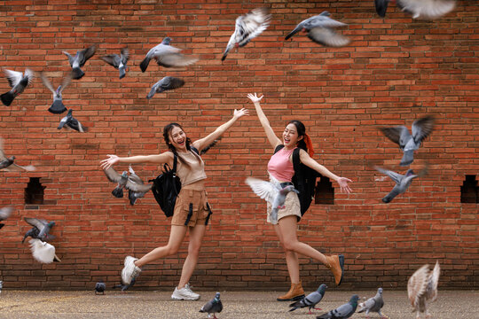 two asian tourist girl happy standing posing and pointing hand while the pigons fly and eat at the tha phae gate, chiang mai thailand,