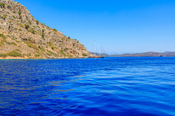 Green relief island. Background with selective focus and copy space