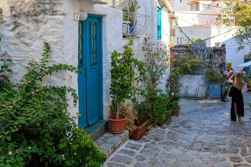 Old town with houses in Greek style. Background with selective focus and copy space