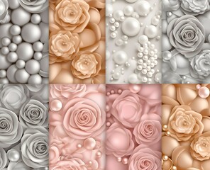 colourful 3d seamless wedding roses and glistening pearls patterns, blush, grey, wihte and gold colors