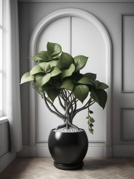 Charming Minimalism - Hoya carnosa plant in a sophisticated black and white room, high-resolution 8k image Gen AI