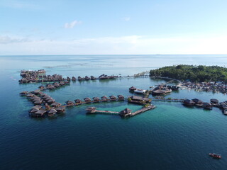 Drone view of Mabul Island, the base for diving in Sipadan Island, Sabah state in Malaysia.