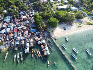 Drone view of Mabul Island, the base for diving in Sipadan Island, Sabah state in Malaysia.