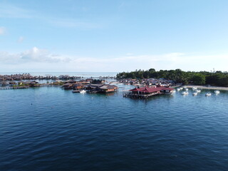 Drone view of Mabul Island, the base for diving in Sipadan Island, Sabah state in Malaysia.