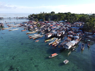 Drone view of Mabul Island, the base for diving in Sipadan Island, Sabah state in Malaysia.