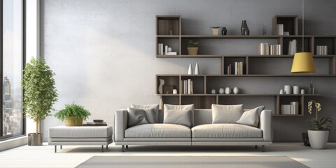 Modern living room with grey sofas, window and shelving.