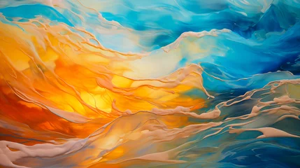 Keuken foto achterwand Colorful ocean wave, turquoise sea water curvy shapes. Sunset ocean beach seascapewith sun reflection on water waves. Light and beautiful aqua, teal, gold, yellow underwater illustration by Vita © Vita